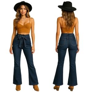 Y2K Flare Jeans Womens Medium High Rise Paperbag Waist Belted Festival